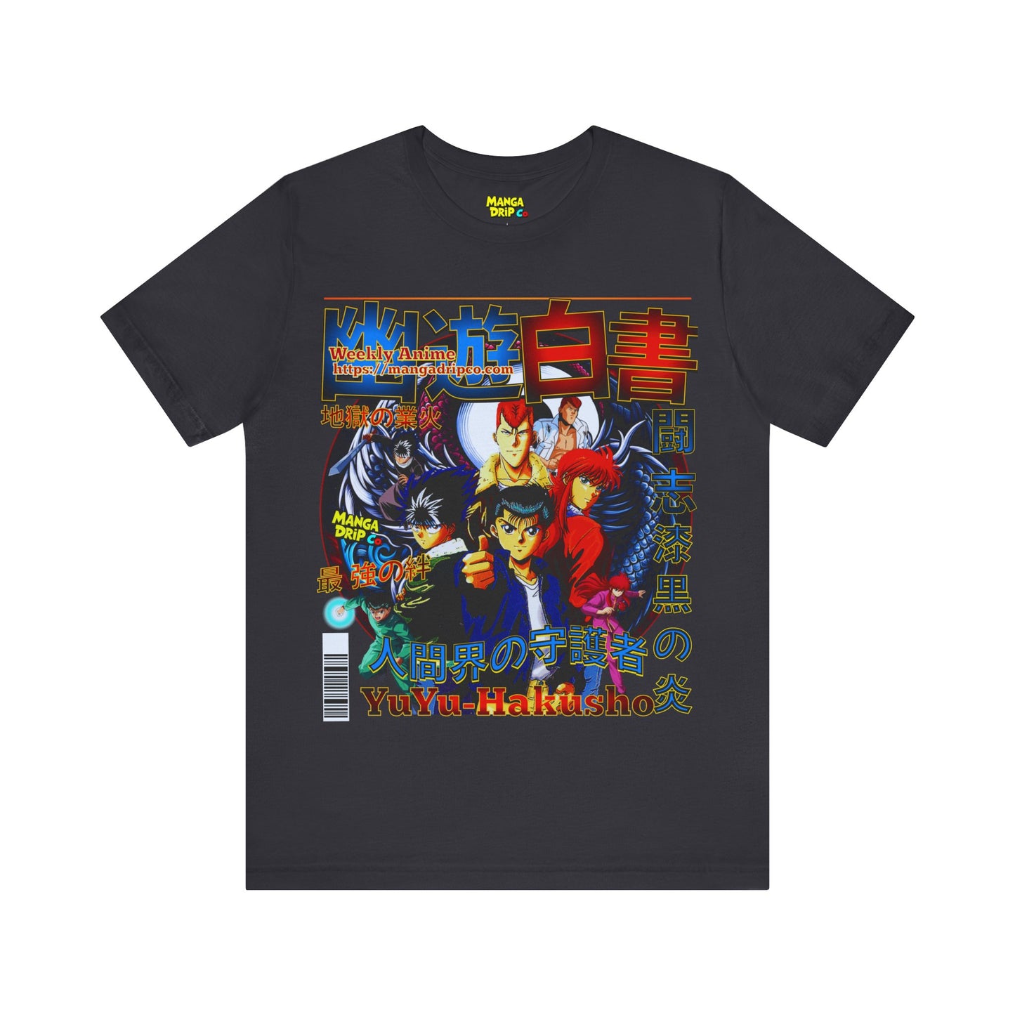 Dark grey anime t-shirt showcasing a throwback spirit detective style design.