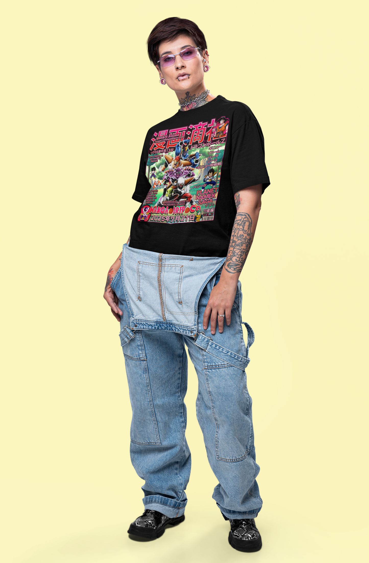 Tattooed alt-style woman wearing oversized Ginyu Force Dragon Ball Z shirt, blending anime villain energy with rebellious streetwear fashion