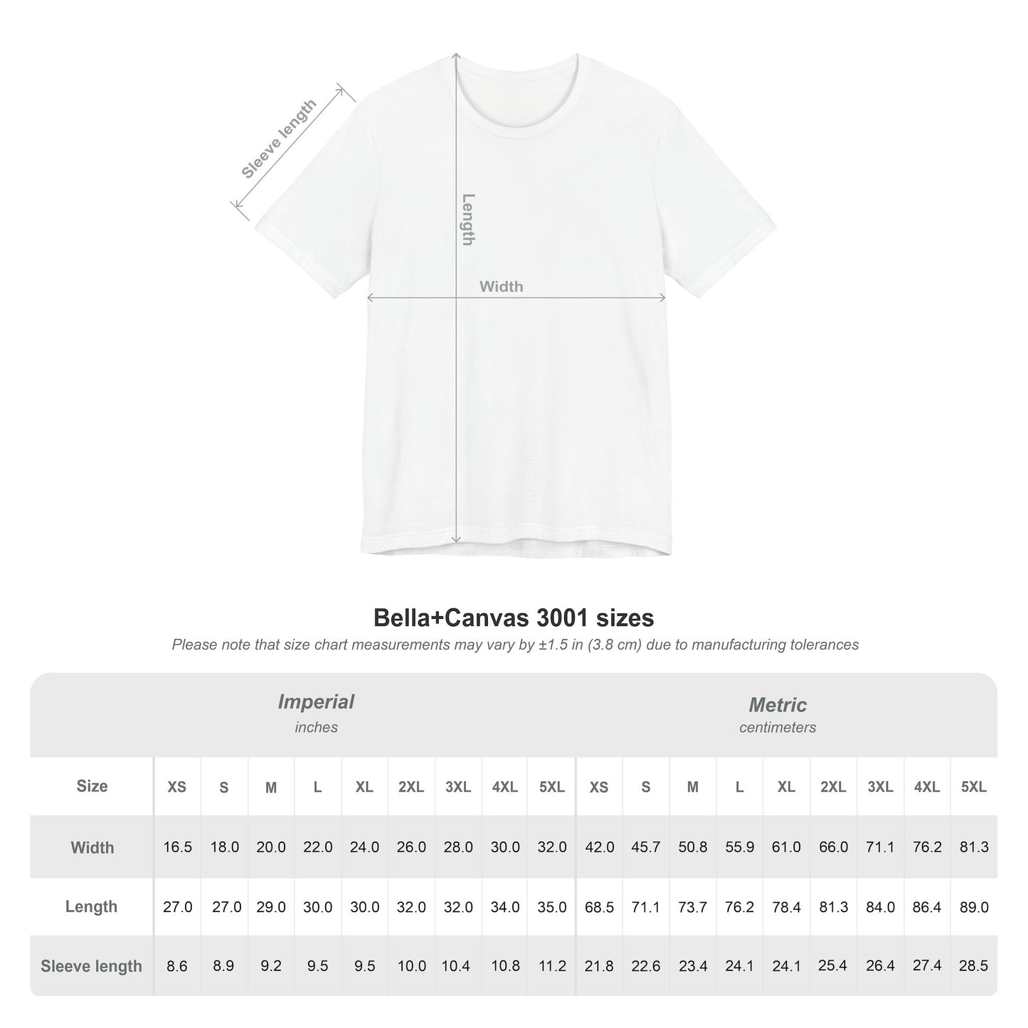 Manga Drip Co Bella+Canvas Size Chart for Graphic Tees Custom Mockup