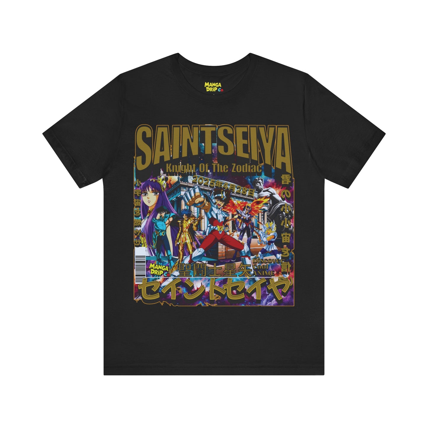 "Saint Seiya inspired black graphic tee featuring vintage anime armor design."