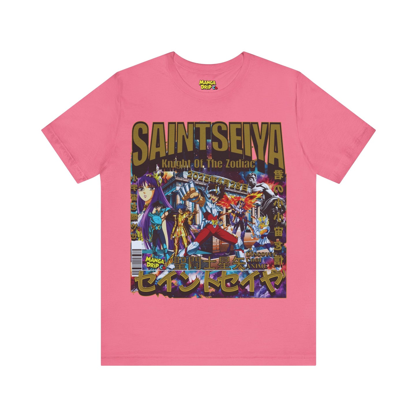 "Pink anime tee tribute to classic Saint Seiya cartoon heroes."
