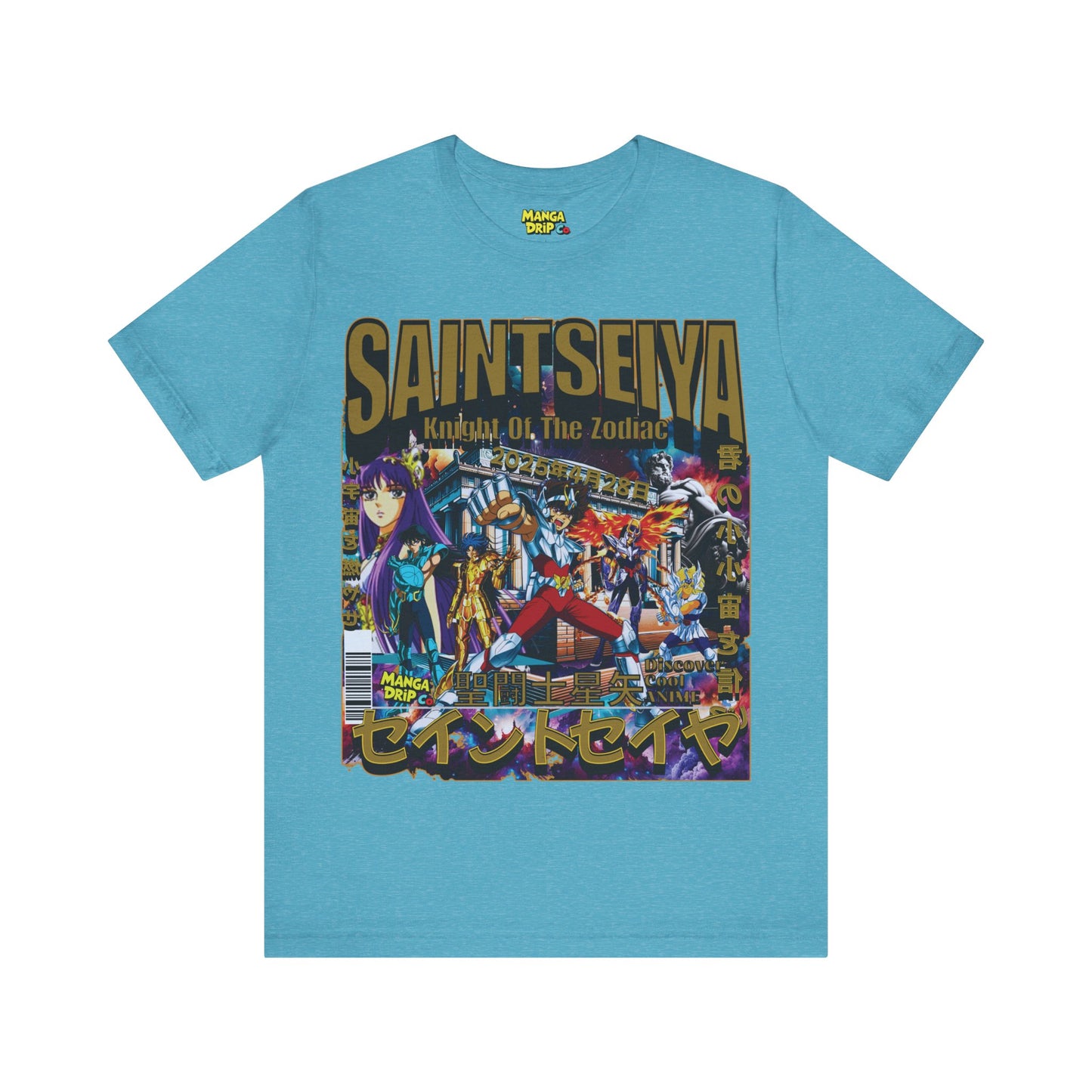 "Aqua-colored heather tee inspired by Saint Seiya and vintage anime style."