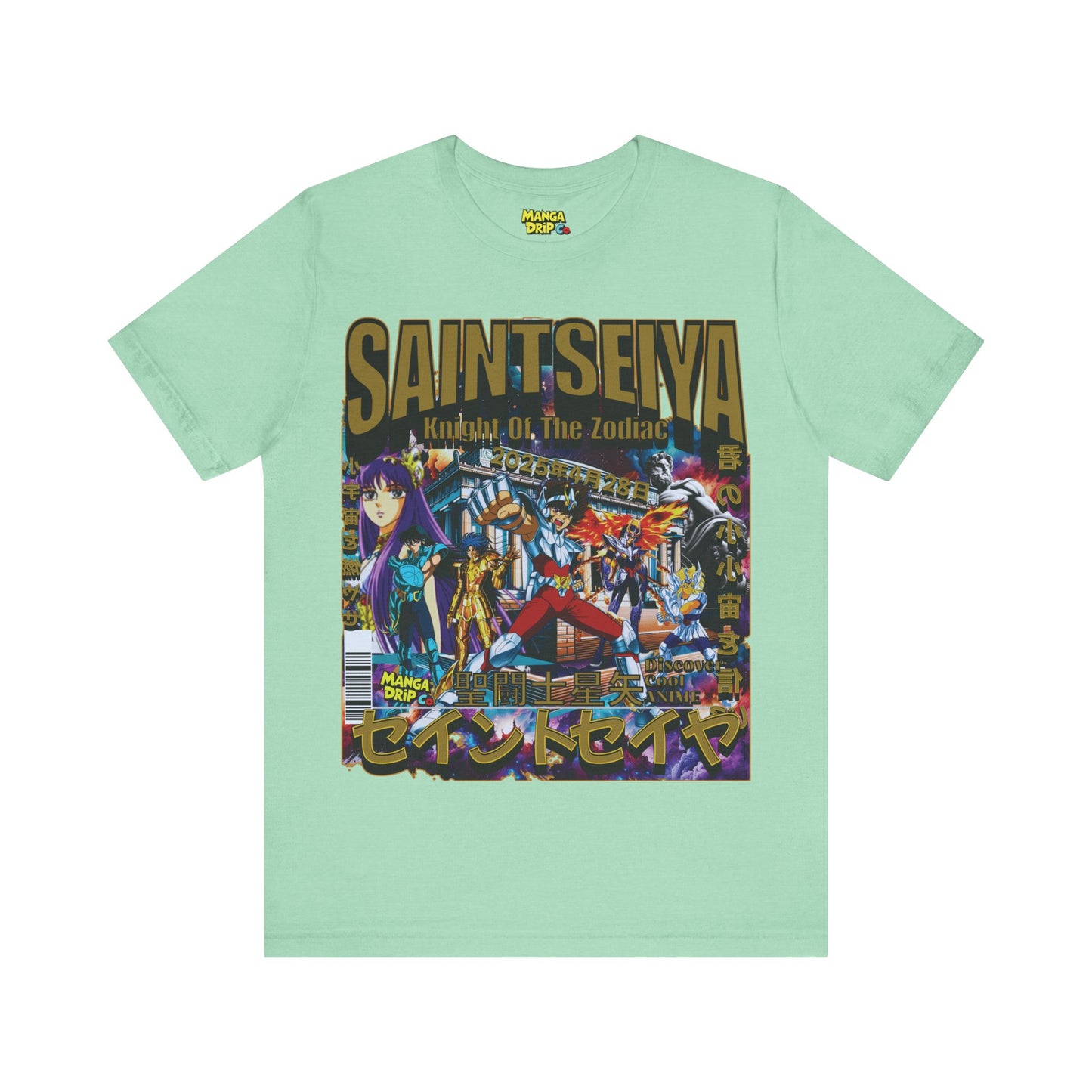 "Mint green tee with 80s anime tribute graphic design."