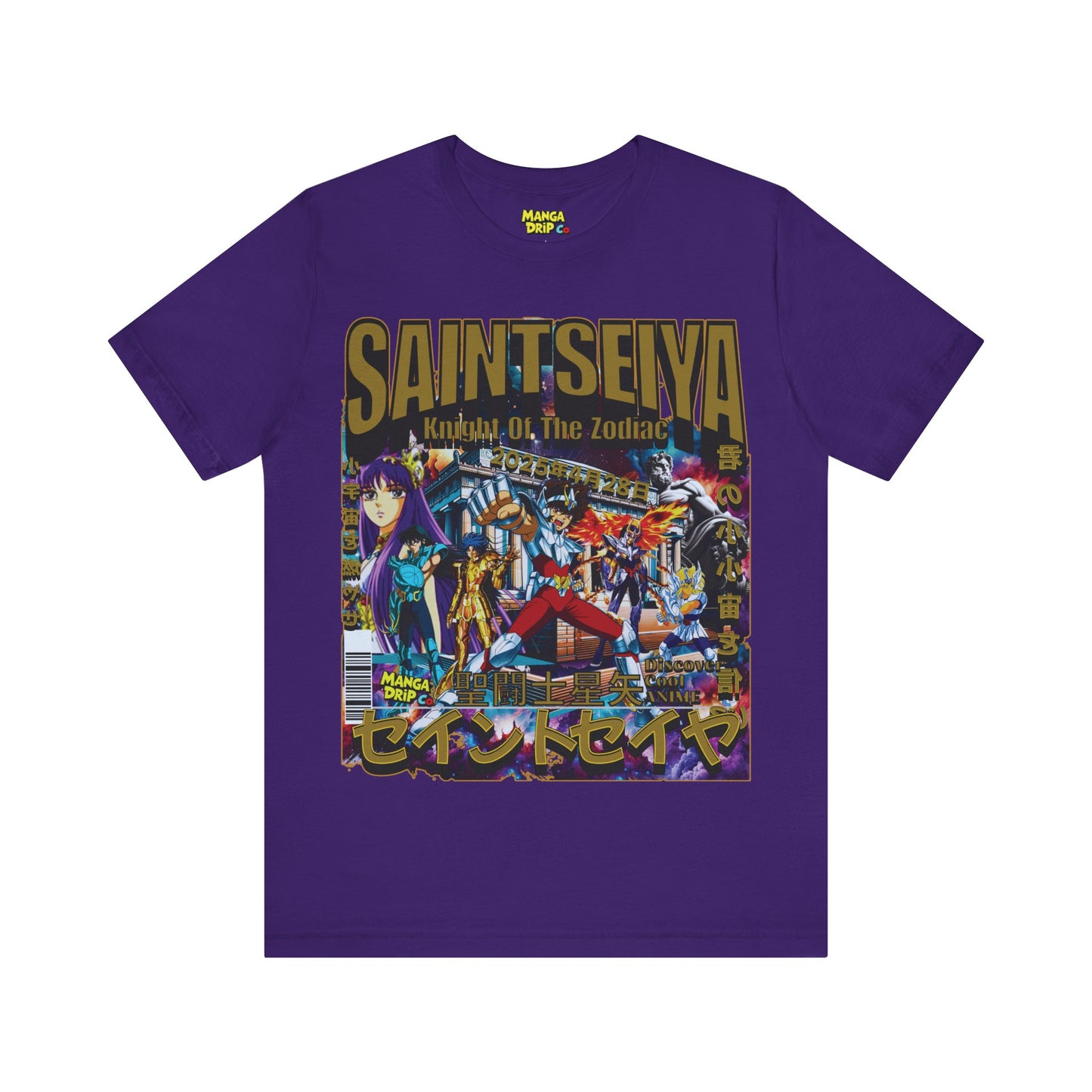 "Purple anime t-shirt with Saint Seiya inspired cosmic armor design."