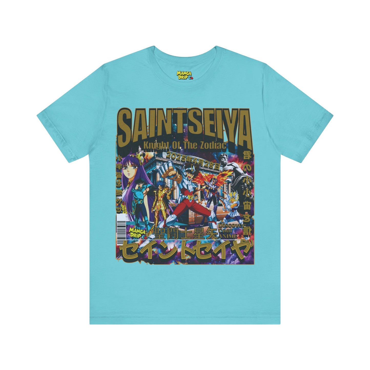 "Turquoise anime tee featuring Knights of the Zodiac inspired graphic."