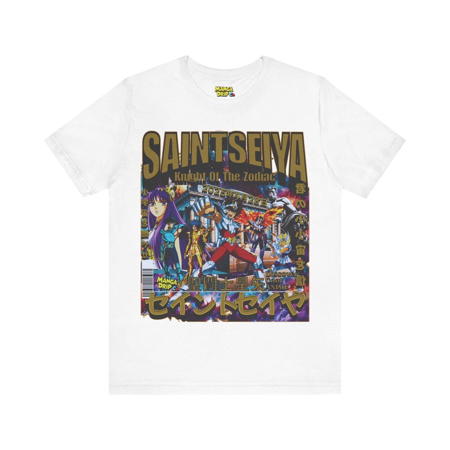 "White t-shirt with retro 80s anime style graphic inspired by Saint Seiya."