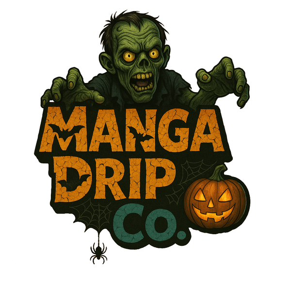 Manga Drip Co logo with Halloween theme featuring spooky anime-inspired elements and orange and black color scheme