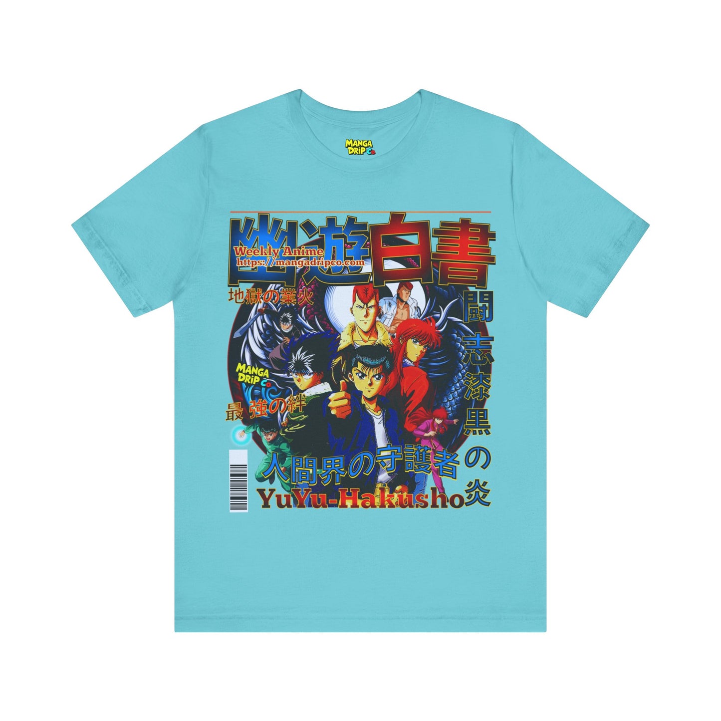 Aqua blue anime streetwear shirt with retro spirit fighter graphic.
