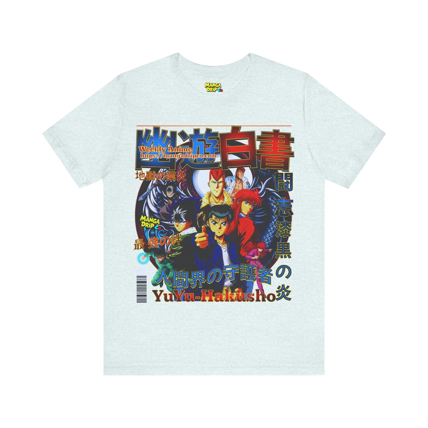 Heather ice blue anime tee featuring a vintage style spirit fighter illustration.