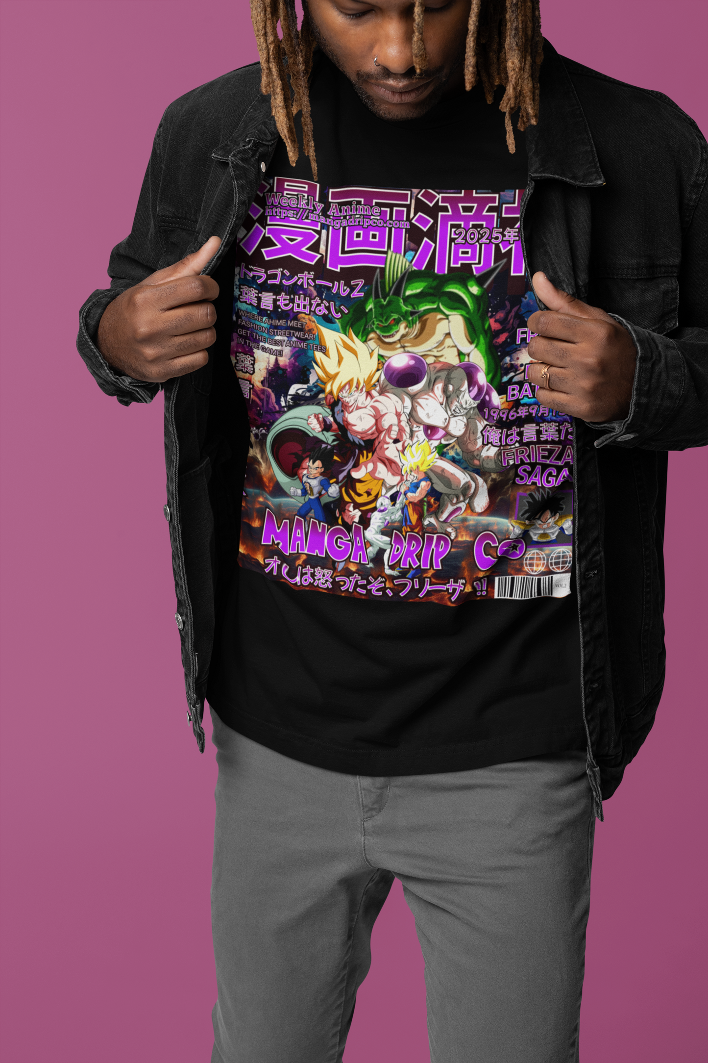Close-up of Goku vs Frieza Heatwave Tee – DBZ Namek Saga Graphic Shirt Styled Under Denim Jacket