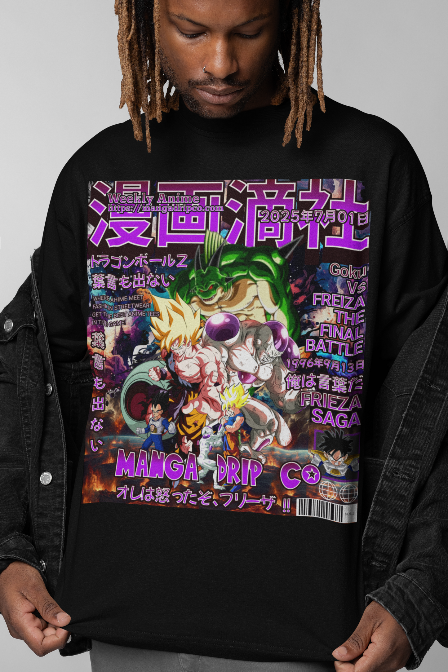 Man wearing Goku vs Frieza Heatwave T-Shirt from DBZ Namek Saga Drop under denim jacket – Anime streetwear style