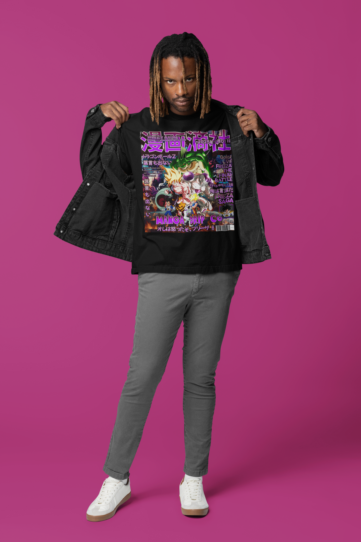 Goku vs Frieza Heatwave Tee featuring Dragon Ball Z Namek Saga artwork – close-up anime graphic tee worn with layered denim fit