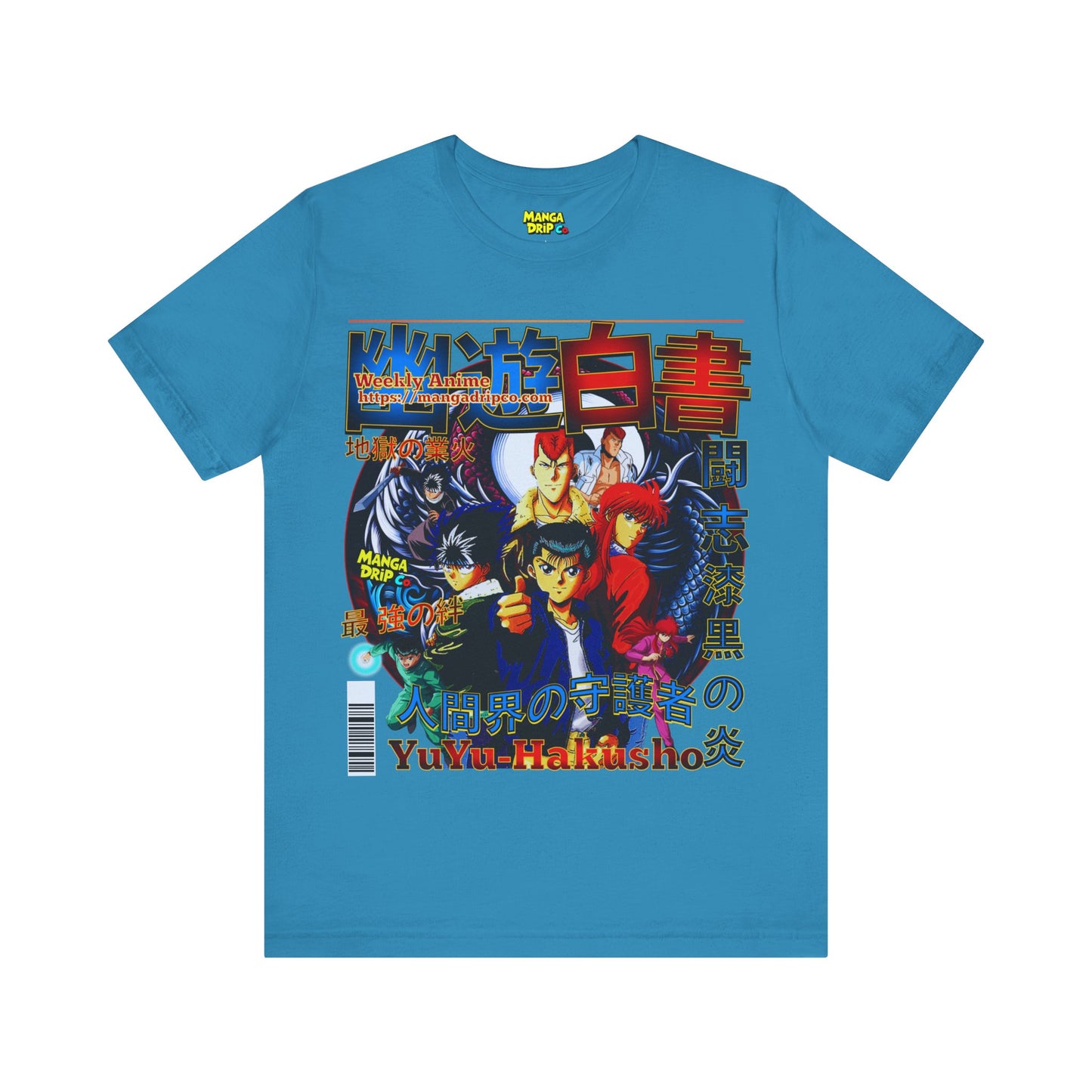 Turquoise blue anime shirt with 90s anime spirit world inspiration.
