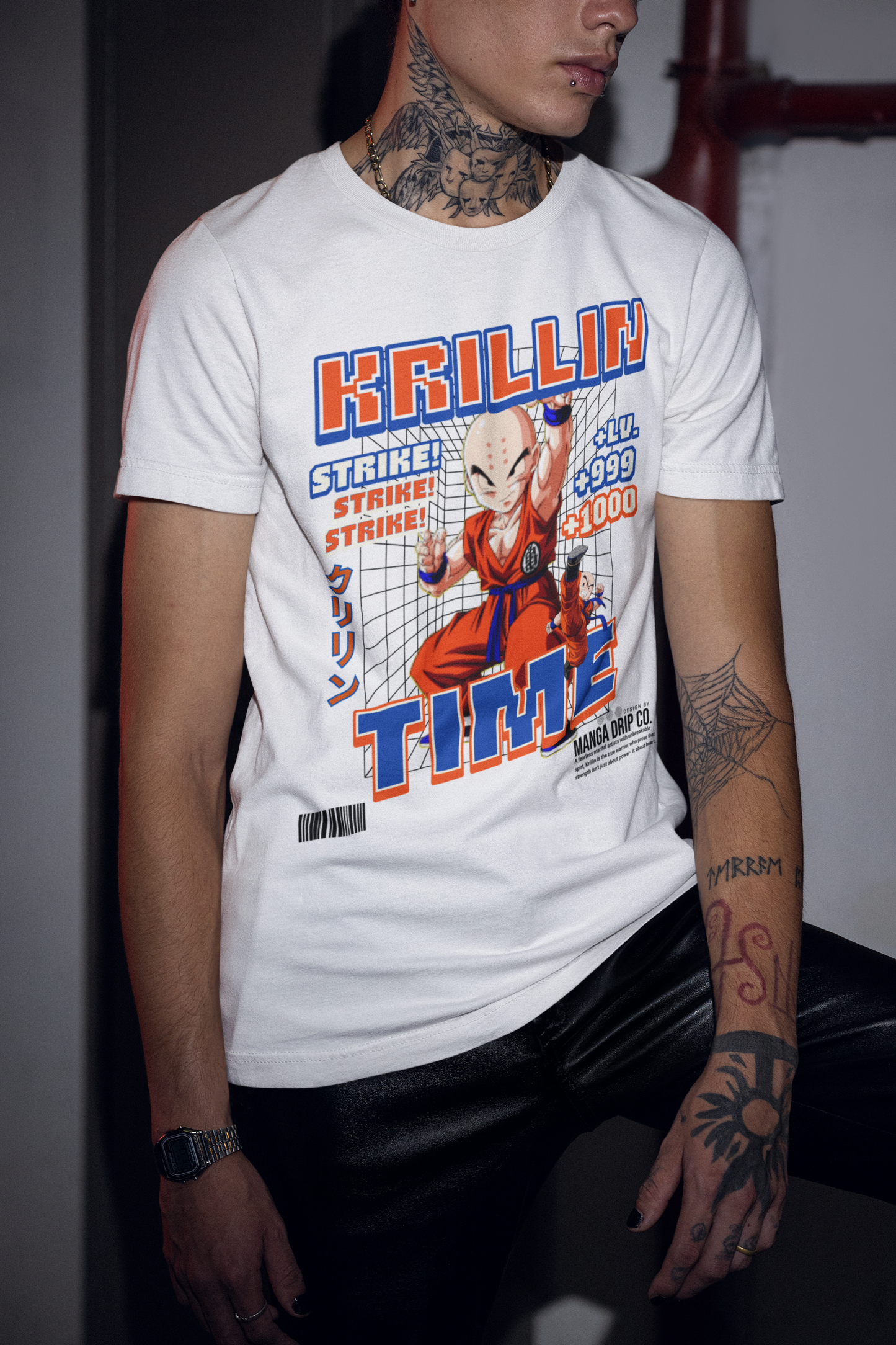 Model bella+canvas all white bald head warrior anime graphic tee