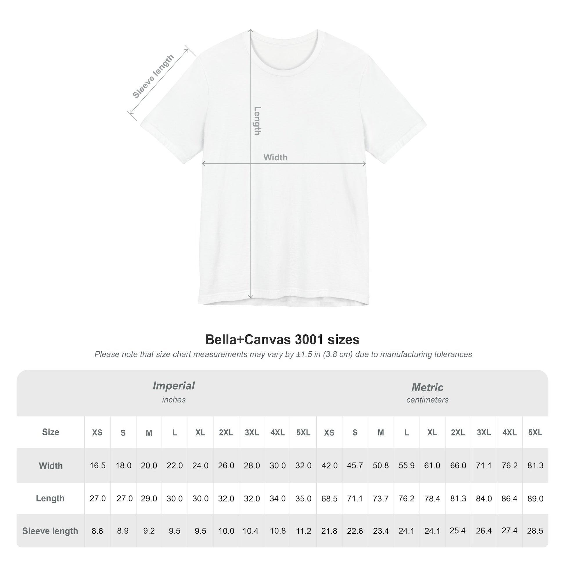 Manga Drip Co Bella+Canvas Size Chart for Graphic Tees Custom Mockup