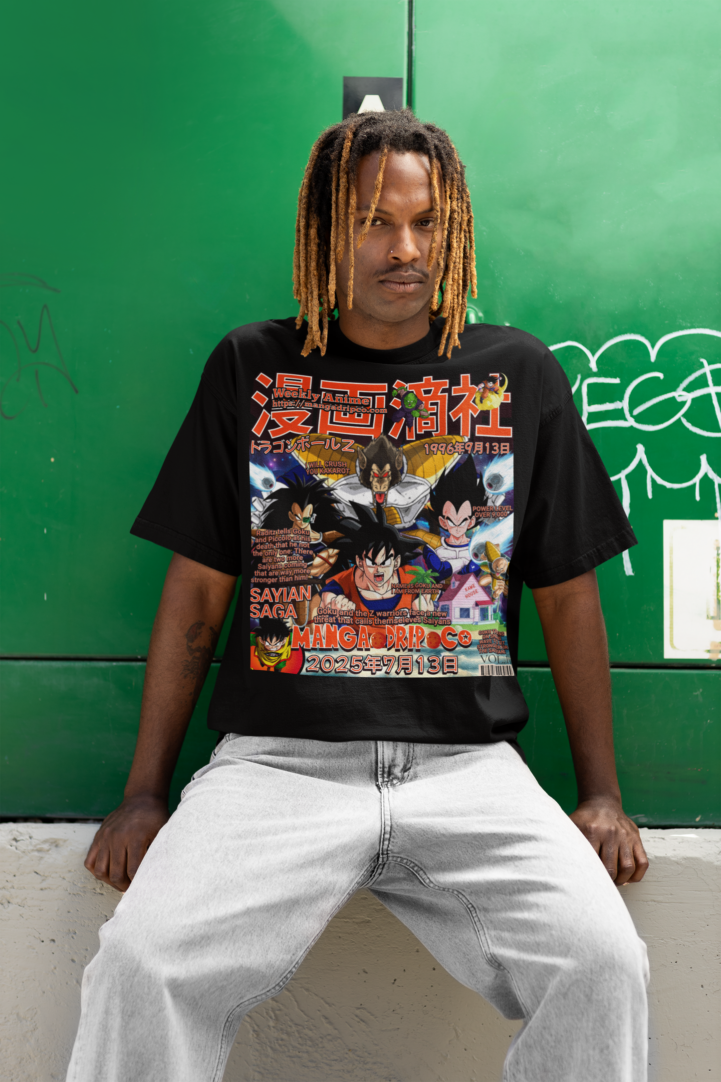 Black model sitting on concrete steps wearing Saiyan Saga Goku vs Vegeta tee in black – casual anime outfit for DBZ fans and streetwear lovers.