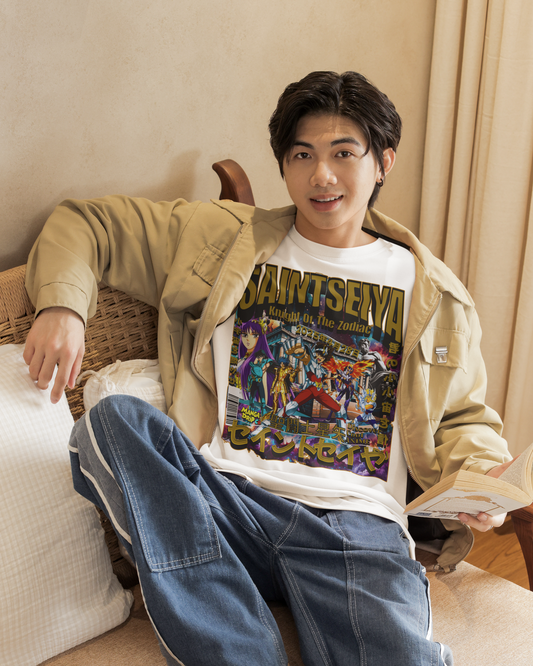 “Asian model wearing white Knight of the Zodiac anime-inspired t-shirt with bold vintage graphic.”