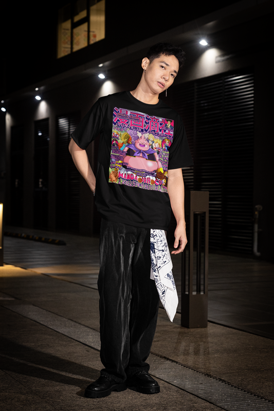"Man in alternative street style posing with oversized Dragon Ball Z Majin Buu shirt, displaying premium anime streetwear and urban fashion trends"