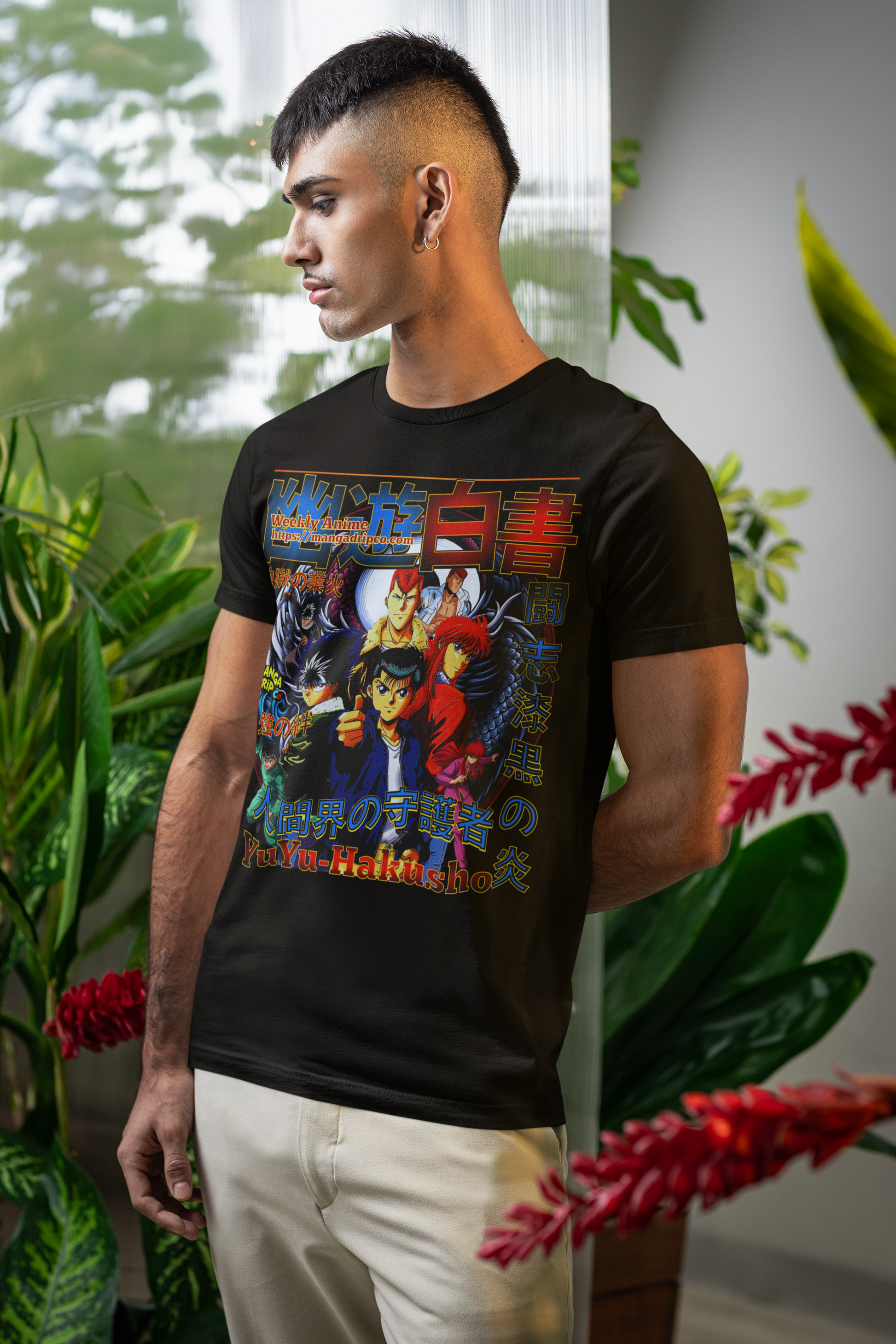 Man wearing a black Bella Canvas t-shirt featuring a retro 90s anime-inspired spirit world graphic, perfect for anime and cosplay fans.
