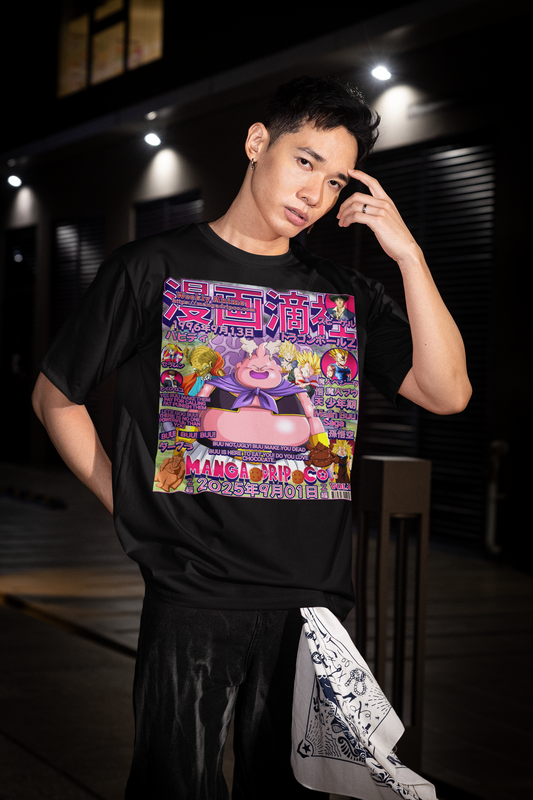 "Stylish man wearing oversized Majin Buu transformation tee in alternative street outfit, showcasing DBZ villain streetwear and anime urban fashion"
