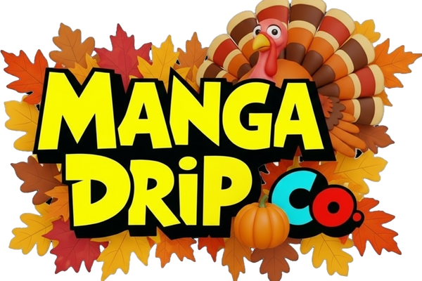 "Manga Drip Co Thanksgiving logo featuring bold yellow and black 3D lettering with festive autumn elements including a colorful cartoon turkey, small pumpkin between DRIP and Co., and fall leaves in orange, red, and brown scattered around the design on transparent background"