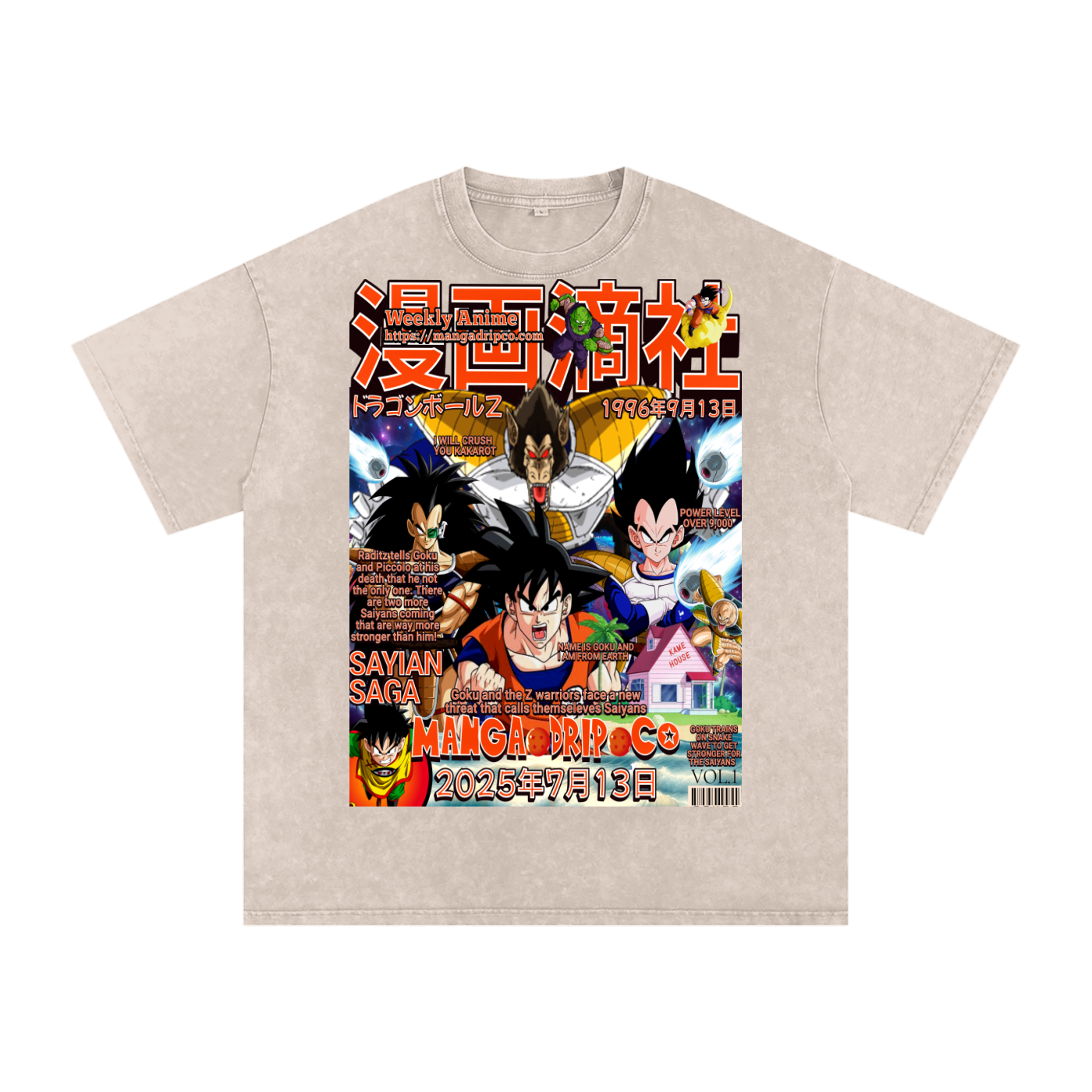 Apricot-colored Goku vs Vegeta DBZ shirt from the Saiyan Saga – unique anime fashion with warm tones and nostalgic energy.

