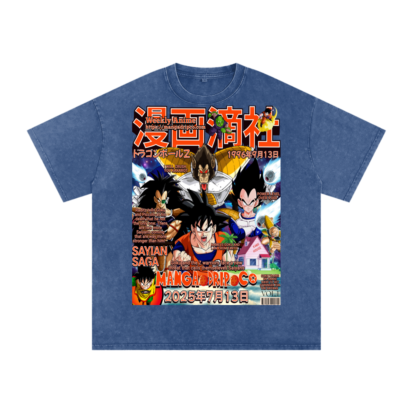 Dark blue tee with high-quality Saiyan Saga Goku vs Vegeta artwork – designed for Dragon Ball Z collectors and fans.