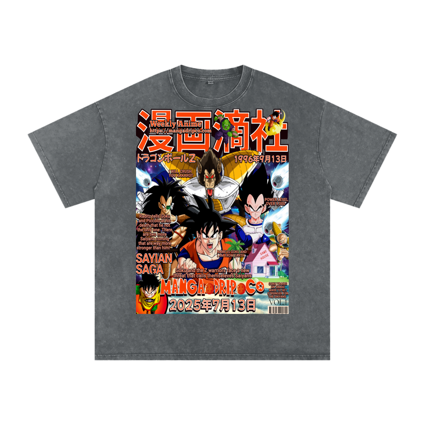 Pirate gray Dragon Ball Z tee with gritty Saiyan Saga Goku vs Vegeta illustration – retro anime aesthetic streetwear.