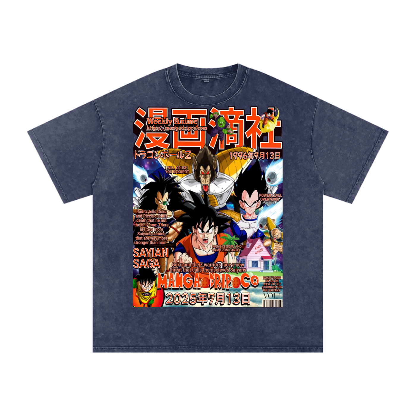 Royal blue Dragon Ball Z T-shirt with bold Goku vs Vegeta battle design from the Saiyan Saga – iconic anime style.