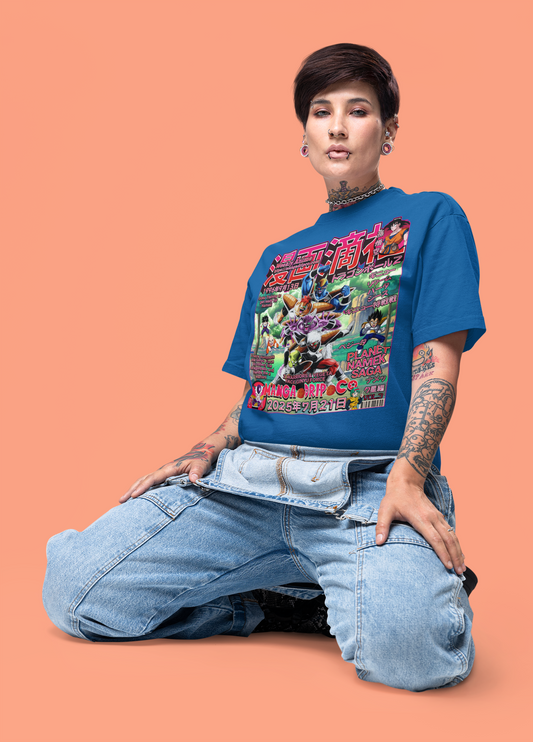 Tattooed woman in oversized Dragon Ball Z Ginyu Force t-shirt, styled in alt fashion with a streetwear edge — bold anime villain aesthetic for trendsetters
