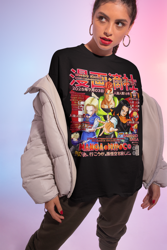 A female model wearing the Android 17 & 18 Graphic Tee in black, Dragon Ball Z anime t-shirt for DBZ fans.