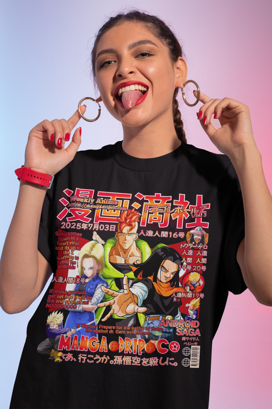 "Unisex anime tee modeled in street style fashion"