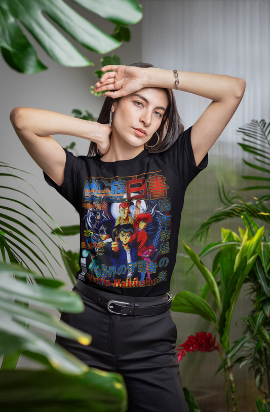 Woman wearing a black Bella Canvas t-shirt featuring a retro 90s anime-inspired spirit world graphic, perfect for anime and cosplay fans.