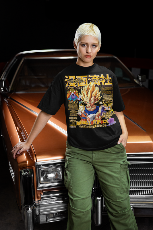 Anime fan wearing black SSJ Vegeta graphic t-shirt while standing in front of a car – stylish Dragon Ball Z inspired streetwear for women