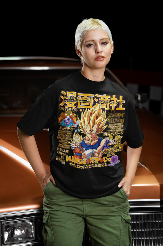 Stylish female anime fan wearing Majin Super Saiyan graphic t-shirt standing near a car – bold Dragon Ball Z inspired streetwear for otaku culture