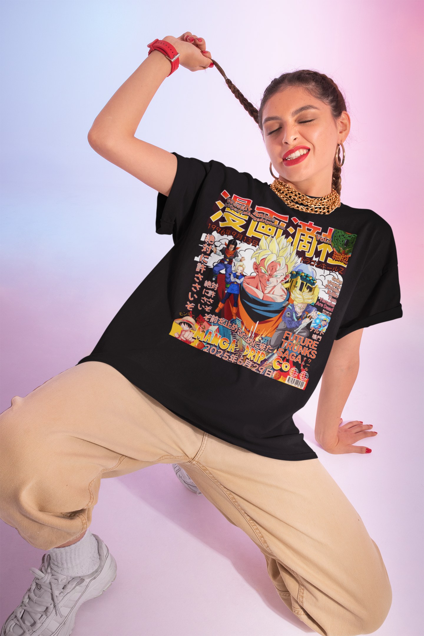“Woman wearing oversized 250 GSM acid wash t-shirt in All Black – heavy cotton round neck streetwear tee”
